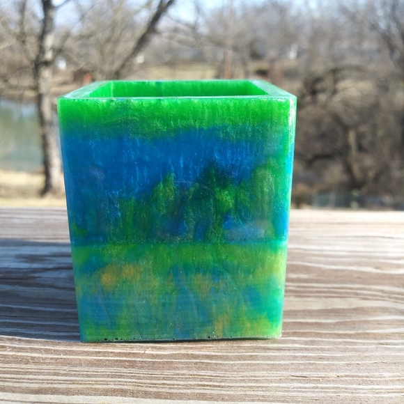 Green Blue Pen Holder Resin Art Work Home Cube Handmade Organizer Gift wfh - Picture 7 of 11